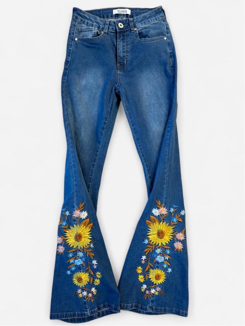 Telepatha Blue Embroidered Sunflower Flare Jeans